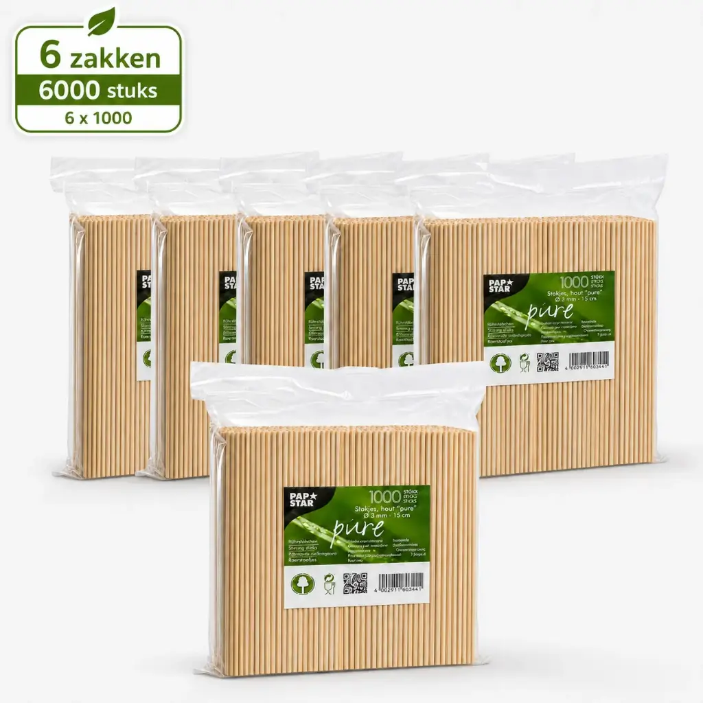 Stokjes, hout "pure" Ø 3 mm · 15 cm Per Doos 20 x 1000 Stuks  