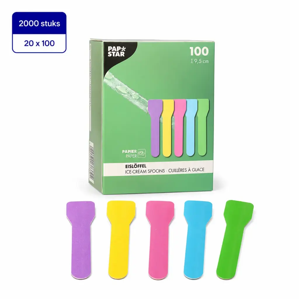 Bio gekleurde ijslepels papier 9,5 cm FSC 4 kleuren colours 2000 stuks (20x100)