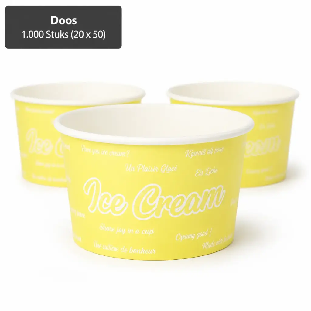 IJsbekers, karton 200 ml Ø 9,5 cm · 6 cm geel "Icelove"  1000 stuks (20x50)