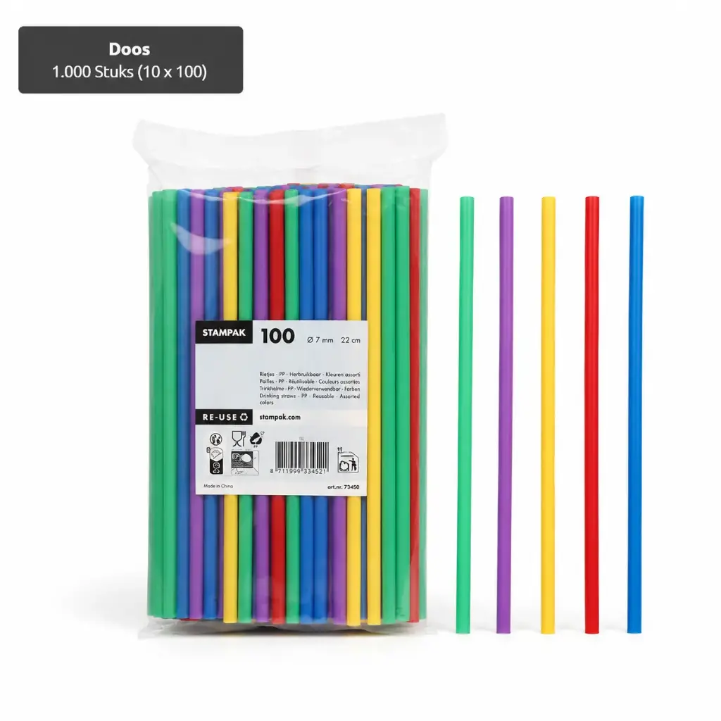 Herbruikbare rietjes PP Ø 7 mm · 22 cm reusable shake drinkrietjes assorti kleuren 1000 stuks (10x100)