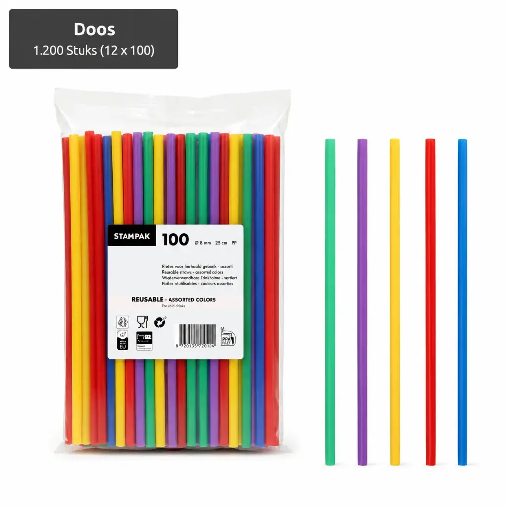Herbruikbare shake rietjes PP Ø 8 mm · 25 cm reusable drinkrietjes assorti kleuren 1200 stuks (12x100)