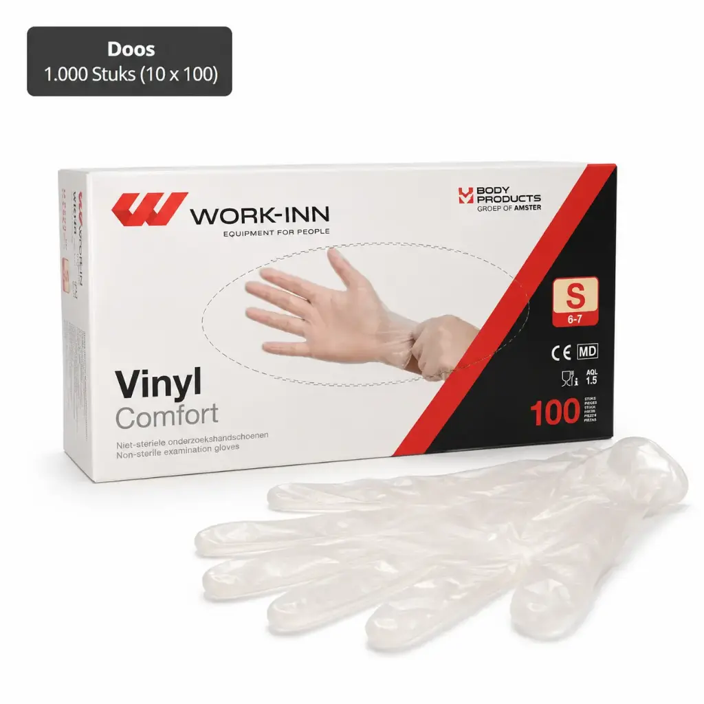 Vinyl handschoenen transparant & poedervrij "Comfort" maat S ongepoederd 1000 stuks (10x100)