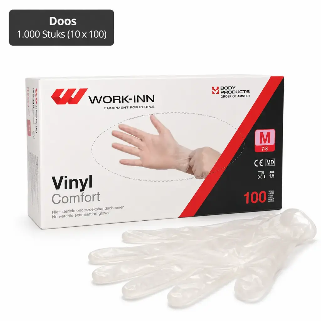 Vinyl handschoenen transparant & poedervrij "Comfort" maat M ongepoederd 1000 stuks (10x100)