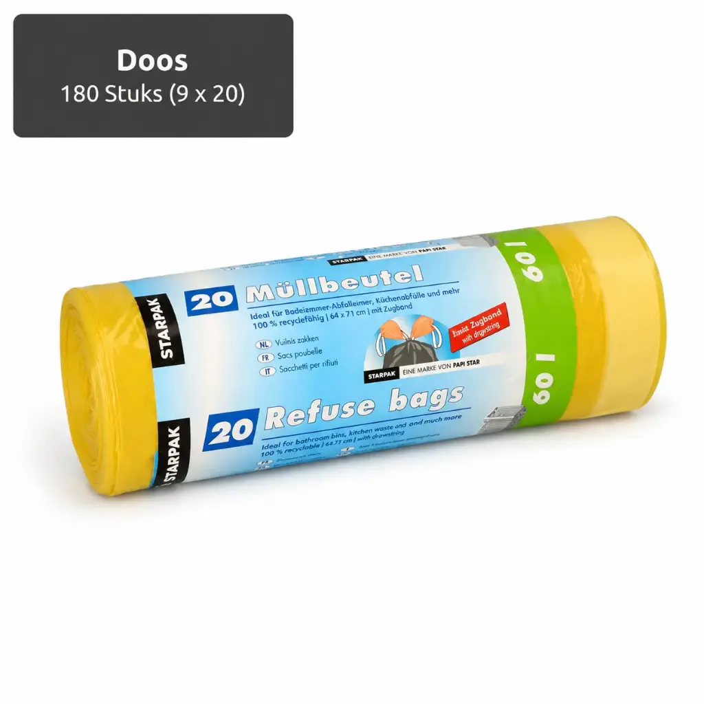 Vuilniszakken met trekband, LDPE 60 l 71 cm x 64,5 cm trekbandzakken geel, 20 my 180 stuks (9x20)